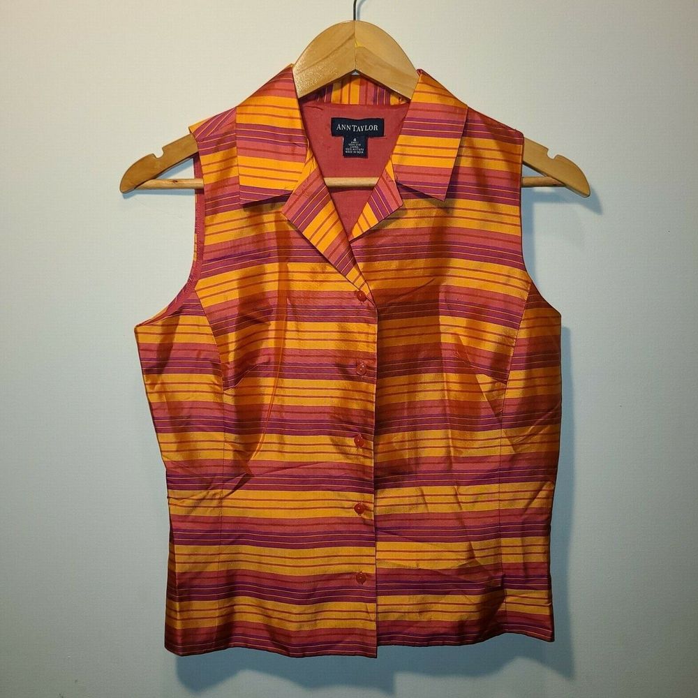 Ann Taylor Silk‎ Sleeveless Collared Button Up Blouse US Size 4
